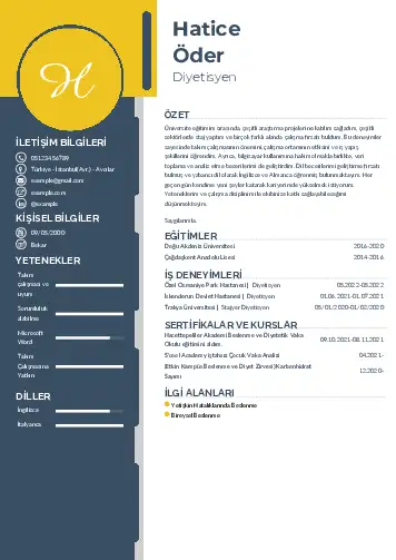 Beslenme Uzmanı Diyetisyen CV Örnekleri cv indir